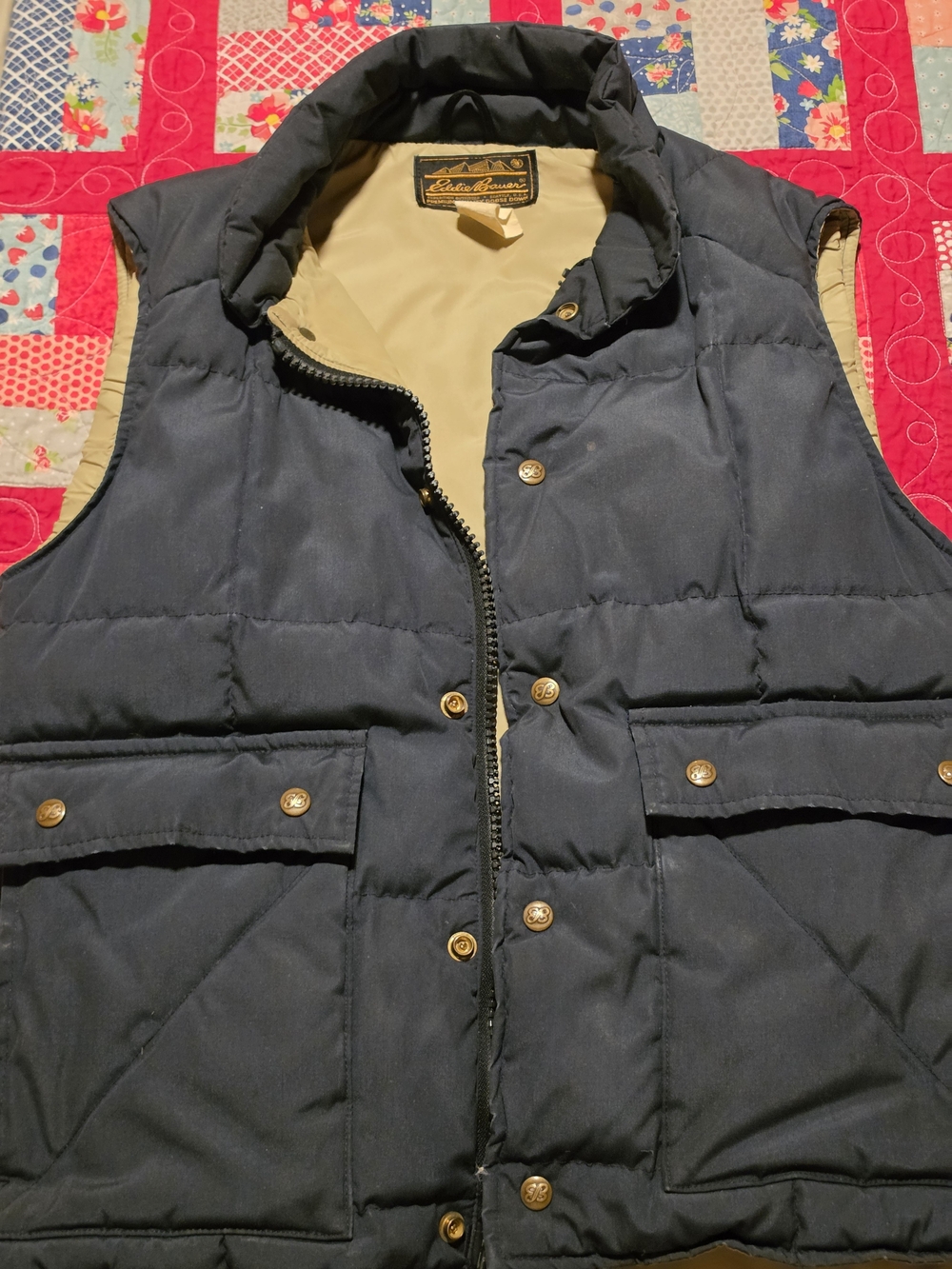Vintage 80s Eddie Bauer Navy Quilted Down Vest Snap Pockets Small